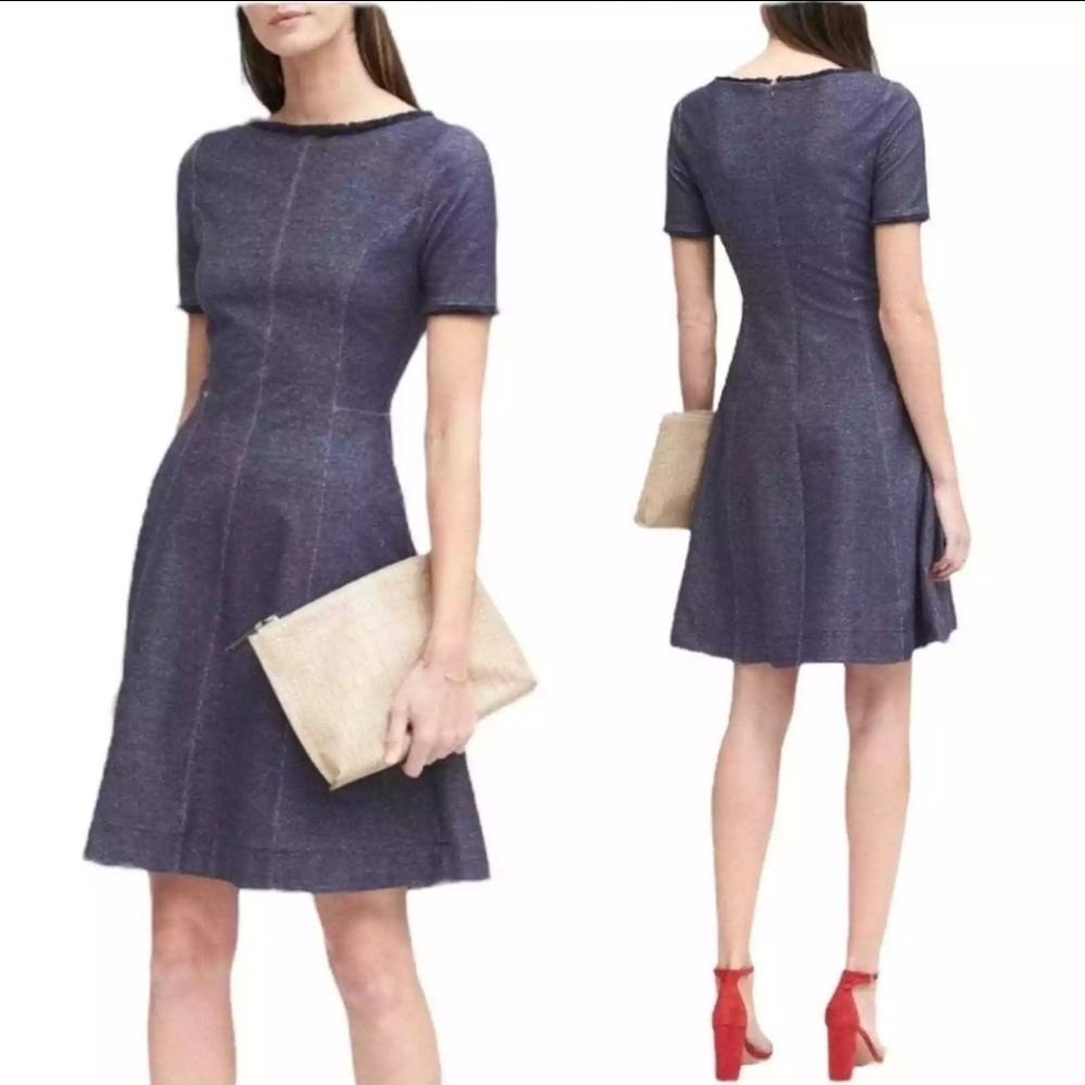 Banana Republic denim look frayed collar chambray preppy fit and flare dress - Picture 2 of 5